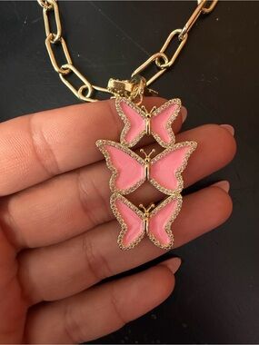 Gold Chain Necklace with Pink Butterfly Pendant